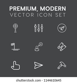 Modern, simple vector icon set on dark grey background with sea, equality, propeller, graphic, ventilator, shovel, rotation, vision, spy, cooler, nature, electric, blue, glasses, construction icons