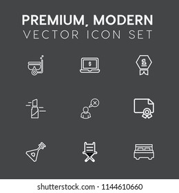 Modern, simple vector icon set on dark grey background with armchair, technology, sport, snorkel, red, pc, makeup, beach, lipstick, fashion, folk, string, snorkeling, first, screen, diploma, sea icons
