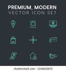 Modern, simple vector icon set on dark grey background with summer, sweet, money, finance, web, food, cold, computer, label, banner, real, dessert, canoe, trumpet, business, musical, technology icons