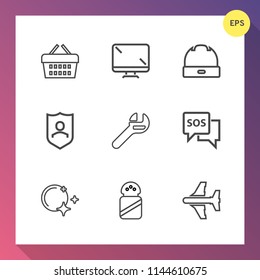 Modern, simple vector icon set on gradient background with travel, monitor, wrench, food, moon, head, airplane, display, spice, retail, star, tool, protection, safety, help, sky, purchase, white icons