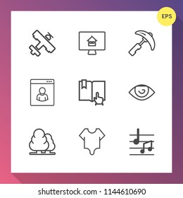 Modern, simple vector icon set on gradient background with girl, internet, book, airplane, tree, sound, house, click, construction, travel, picking, online, eye, real, nature, transport, human icons