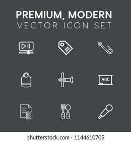 Modern, simple vector icon set on dark grey background with sound, financial, military, audio, kitchen, hook, tag, music, video, sale, fork, player, web, business, leather, airplane, aircraft icons