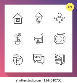 Modern, simple vector icon set on gradient background with house, sign, temperature, bank, money, snorkel, sea, sos, banking, modern, nature, bird, wooden, thermometer, emergency, danger, estate icons