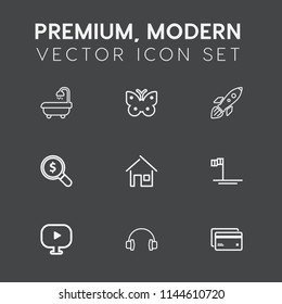 Modern, simple vector icon set on dark grey background with banking, baja, white, space, blue, ocean, home, stereo, internet, rocket, modern, web, media, bathroom, style, butterfly, summer, find icons