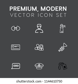 Modern, simple vector icon set on dark grey background with young, navy, speech, people, staff, door, chat, casual, captain, security, fit, hat, gym, sport, strength, cap, healthy, sailor, house icons