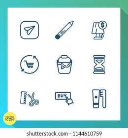 Modern, simple vector icon set on gradient background with hour, hair, clean, fashion, pencil, stationery, salon, shop, web, trolley, container, light, retail, button, care, sign, hairdresser icons
