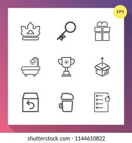 Modern, simple vector icon set on gradient background with unpacking, shipping, pub, house, royal, competition, delivery, order, lock, safe, crown, bar, security, king, alcohol, return, luxury icons