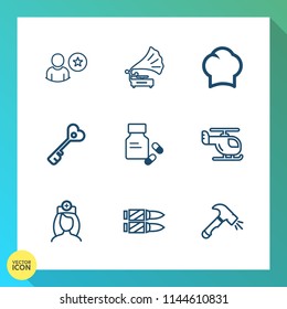 Modern, simple vector icon set on gradient background with helicopter, sign, bullet, horizontal, music, record, house, cook, nurse, door, pharmacy, sound, healthcare, profile, uniform, social icons