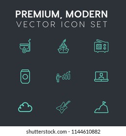 Modern, simple vector icon set on dark grey background with canned, underwater, antenna, snorkel, call, personal, signal, summer, development, internet, progress, musical, video, landscape, mask icons