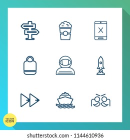 Modern, simple vector icon set on gradient background with science, object, button, shop, space, cord, door, doorknob, player, rocket, hotel, craft, handle, festival, astronaut, coffee, dont icons