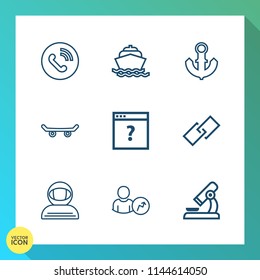 Modern, simple vector icon set on gradient background with street, water, ring, vessel, research, extreme, microscope, laboratory, sign, sport, cruise, speed, science, phone, yacht, astronaut icons