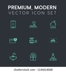 Modern, simple vector icon set on dark grey background with transport, house, faucet, water, cycle, bicycle, building, cable, space, cash, bathroom, wire, estate, package, cancel, shuttle, home icons