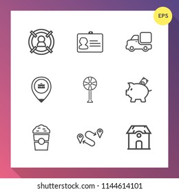 Modern, simple vector icon set on gradient background with truck, investment, coffee, concept, targeting, position, destination, work, cooler, house, target, coin, bank, transportation, job, fan icons