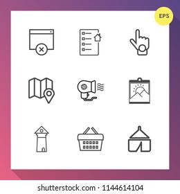 Modern, simple vector icon set on gradient background with blank, architecture, pin, white, hand, page, hair, female, investment, business, famous, photo, adventure, shop, travel, fan, home, web icons