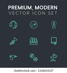 Modern, simple vector icon set on dark grey background with addiction, table, musical, medicine, trumpet, encyclopedia, cigarette, audio, study, jazz, support, sign, technology, currency, call icons