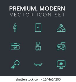 Modern, simple vector icon set on dark grey background with furniture, aid, skateboard, skater, fashion, skate, cross, clothing, sign, architecture, man, male, decoration, interior, boy, uniform icons