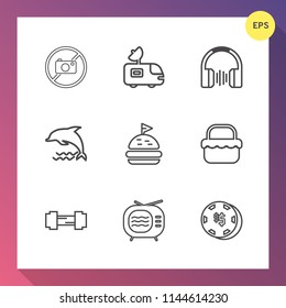 Modern, simple vector icon set on gradient background with grass, picnic, fitness, tomato, photography, exercise, sandwich, bread, ocean, camera, forbidden, sport, equipment, van, food, stereo icons