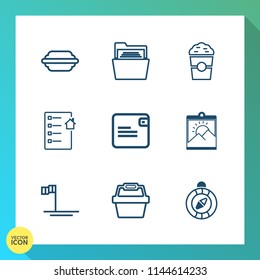 Modern, simple vector icon set on gradient background with business, photo, lettuce, burger, east, real, picture, dollar, cup, mexico, ocean, paper, sandwich, direction, basket, estate, file icons