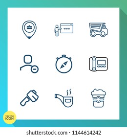 Modern, simple vector icon set on gradient background with job, tool, user, retro, cup, south, north, hammer, sign, axe, pipe, dumper, cafe, dump, mug, direction, tobacco, go, location, person icons