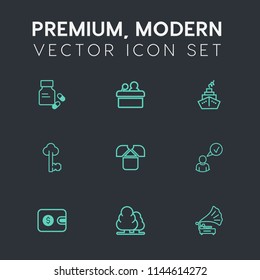 Modern, simple vector icon set on dark grey background with tree, cash, pharmacy, wallet, pill, retro, lock, environment, antibiotic, purse, medication, health, white, record, business, forest,  icons