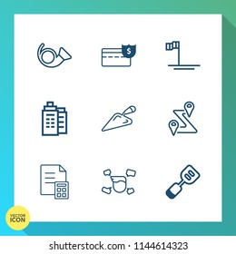 Modern, simple vector icon set on gradient background with construction, shovel, nature, navigation, mexico, sea of cortes, real, utensil, financial, tool, boy, spatula, music, banking, location icons