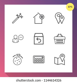 Modern, simple vector icon set on gradient background with package, map, delivery, avatar, account, pin, basket, calculator, market, order, planet, building, return, sign, magic, location, road icons