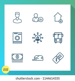 Modern, simple vector icon set on gradient background with hat, cash, appliance, fashion, estate, communication, screen, apartment, property, social, housework, profile, avatar, human, bank, new icons