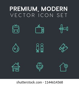 Modern, simple vector icon set on dark grey background with watch, modern, liquid, karaoke, boy, object, building, bag, microphone, music, abstract, happy, business, screen, accessory, fashion icons