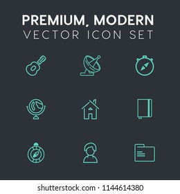 Modern, simple vector icon set on dark grey background with compass, concert, estate, paper, south, page, internet, house, north, profile, female, equipment, globe, human, rock, planet, folder icons