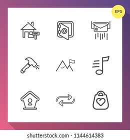 Modern, simple vector icon set on gradient background with real, letter, shovel, style, tune, house, nature, secure, leather, finance, mail, construction, music, musical, message, mortgage, rent icons