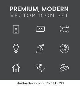 Modern, simple vector icon set on dark grey background with cable, subscription, airplane, cancel, satellite, coaxial, spaceship, message, connection, bikini, aircraft, man, tv, house, building icons