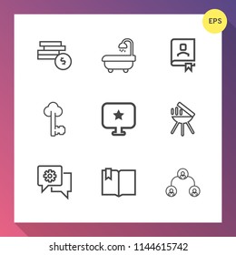 Modern, simple vector icon set on gradient background with wealth, computer, company, address, concept, open, currency, cooking, meat, bathroom, metal, bank, bath, modern, money, office, banking icons