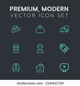 Modern, simple vector icon set on dark grey background with house, shop, mouse, space, style, sign, media, drink, profile, alien, science, label, click, white, female, technology, property, bag icons