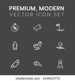 Modern, simple vector icon set on dark grey background with food, chessboard, star, sound, sunrise, map, shiny, nature, falling, navigation, audio, meat, loud, loudspeaker, nautical, beach, west icons