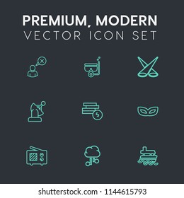Modern, simple vector icon set on dark grey background with business, satellite, spotlight, bank, vessel, scene, wireless, snorkeling, antenna, party, ocean, boat, masquerade, technology, cash icons