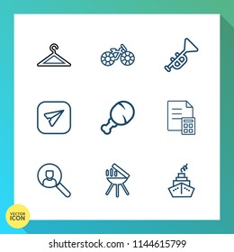Modern, simple vector icon set on gradient background with computer, wheel, chicken, finance, food, bugle, wardrobe, communication, , barbecue, cycle, rack, pedal, message, musical, web, banking icons
