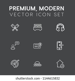 Modern, simple vector icon set on dark grey background with string, phone, estate, paddle, folk, mobile, comfortable, nature, double, money, bed, river, oar, real, internet, music, bank, credit icons