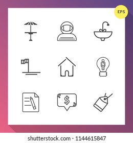 Modern, simple vector icon set on gradient background with spacesuit, spaceman, creative, home, sink, house, square, astronaut, business, ocean, pub, label, bar, mexico, office, cosmos, sale icons