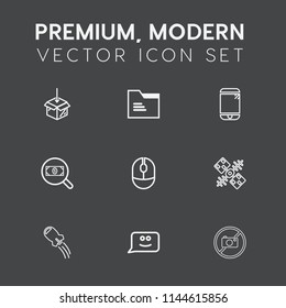Modern, simple vector icon set on dark grey background with search, internet, find, technology, space, craft, optical, phone, equipment, screen, chat, forbidden, office, satellite, button, mouse icons