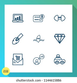 Modern, simple vector icon set on gradient background with work, car, construction, suitcase, crystal, chart, graph, card, diamond, list, data, retail, cash, receipt, bag, money, jewelry, surfer icons