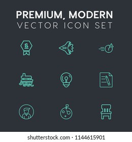 Modern, simple vector icon set on dark grey background with competition, file, award, winner, ribbon, airplane, interior, jetliner, comfortable, bulb, champion, plane, moon, electricity, late icons