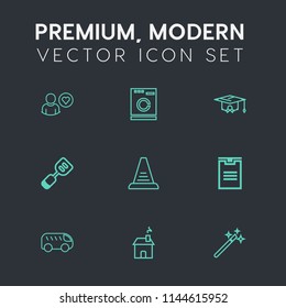 Modern, simple vector icon set on dark grey background with concept, application, wizard, shipping, house, ladder, move, education, laundry, direction, spatula, washer, magic, magician, highway icons