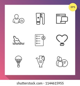 Modern, simple vector icon set on gradient background with heart, business, media, brush, jug, care, online, game, paste, ball, chat, love, job, parachuting, dental, web, sport, document, health icons