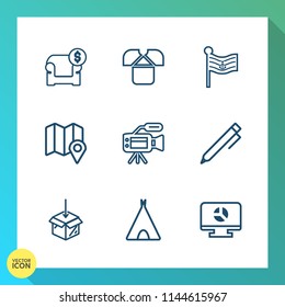 Modern, simple vector icon set on gradient background with microphone, write, couch, upload, sofa, pen, shirt, furniture, short, map, adventure, template, tshirt, business, cotton, education icons