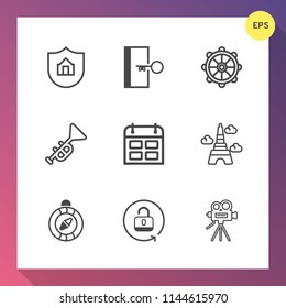 Modern, simple vector icon set on gradient background with video, helm, direction, jazz, camera, protection, escape, calendar, timetable, compass, unlock, wheel, eiffel, trumpet, property, sign icons