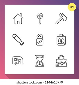 Modern, simple vector icon set on gradient background with estate, white, time, house, van, propeller, bat, sport, equipment, timer, baseball, property, architecture, object, bag, axe, hammer icons