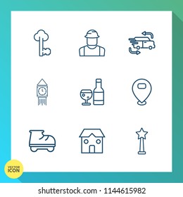 Modern, simple vector icon set on gradient background with big, professional, ben, key, antique, metal, door, work, construction, transportation, drink, house, leisure, shipping, building, sign icons