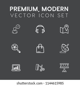 Modern, simple vector icon set on dark grey background with satellite, concept, clock, office, salon, work, equipment, studio, hairdresser, magnifying, musical, search, road, white, dish, pin icons