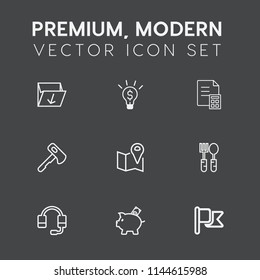 Modern, simple vector icon set on dark grey background with pin, box, trash, road, tool, recycling, technology, waste, rubbish, fork, money, businessman, financial, container, nation, support icons