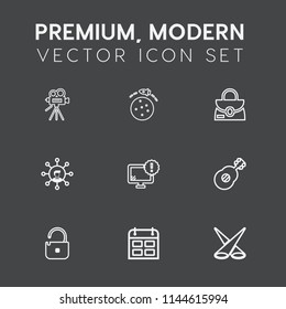 Modern, simple vector icon set on dark grey background with spaceship, vintage, tripod, movie, fashion, bag, musical, spotlight, white, travel, equipment, space, guitar, monitor, object, retro icons